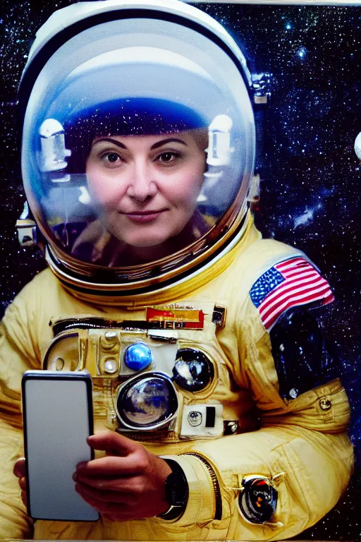 Image similar to extremely detailed studio portrait of space astronaut, holds a smart phone in one hand, phone!! held up to visor, reflection of phone in visor, moon, extreme close shot, soft light, golden glow, award winning photo by diane arbus