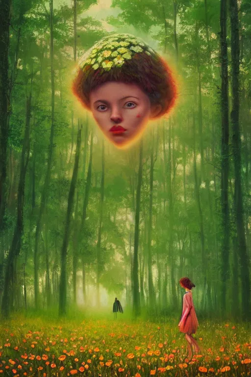 Image similar to giant daisy flower head, girl walking in a green forest, surreal photography, sunrise, dramatic light, impressionist painting, colorful clouds, digital painting, artstation, simon stalenhag