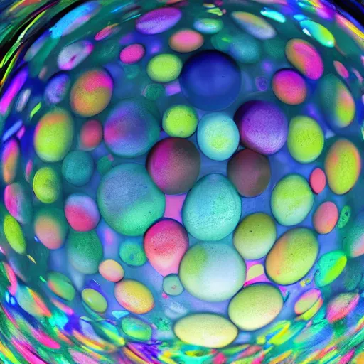 Prompt: Giant Translucent multicolored spheres, reflections, transparent, cracks, hd photograph