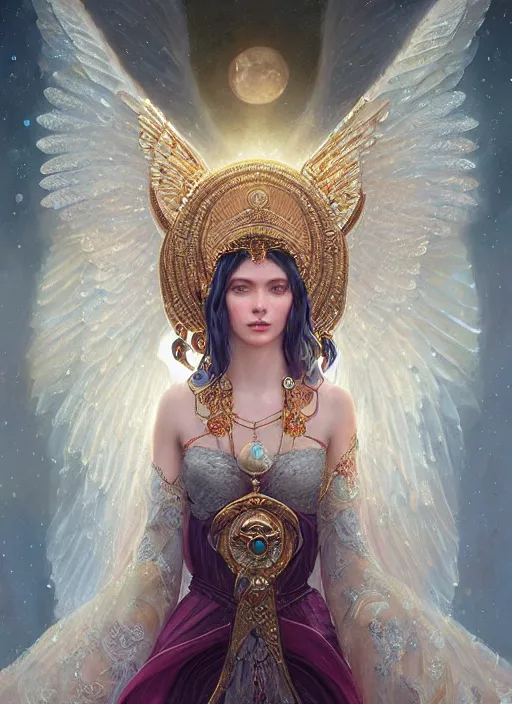 Image similar to A beautiful digital painting of a female Seraphim full of jewels, princess, the moon behind her, intricate, cinematic lighting, highly detailed, digital painting, Artstation, concept art, smooth, sharp focus, illustration, art by Tom Bagshaw, Artgerm and Greg Rutkowski