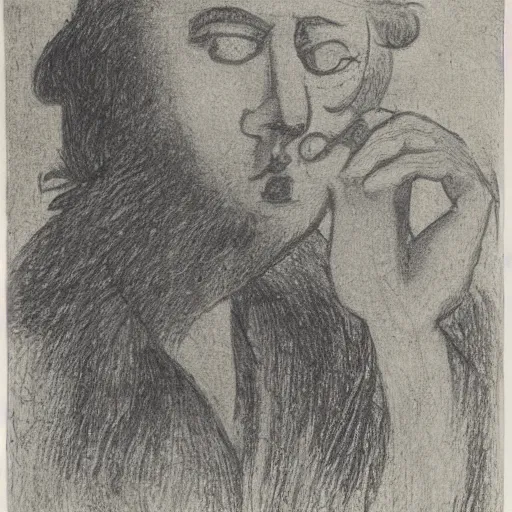 Prompt: A beautiful print of a self-portrait of the artist. He is shown with his head turned to the left, looking at the viewer. His hair is wild and his eyes are wide open. His right hand is raised, as if he is pointing at something. by Lyonel Feininger flowing