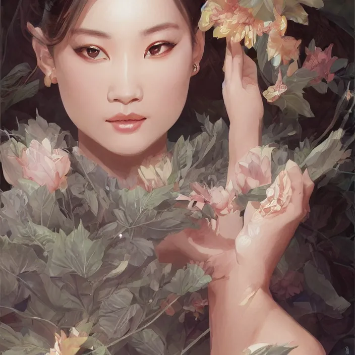 Image similar to a beautiful young charming asian goddess with sundress + jewelry + shinny eyes | | winter, symmetric, realistic shaded, unpleasant face, good looking, fine details, dior, lv, realistic shaded lighting poster by greg rutkowski, macoto takahashi, magali villeneuve, artgerm, jeremy lipkin and michael garmash