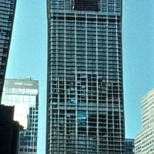 Prompt: patrick bateman plane going through the world trace center towers, in american psycho ( 1 9 9 9 )