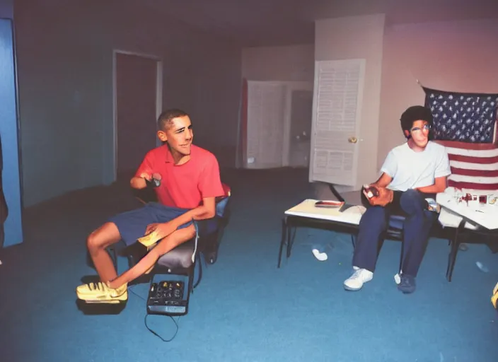 Prompt: color film photography, Barack Obama playing Super Smash Bros. Melee on Nintendo Gamecube, 35mm, film photo