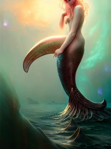 Image similar to mermaid by james jean, charlie bowater, tom bagshaw, nikolay makovsky, melanie delon : : enchanting, ethereal, magical, glowing, sparkle, prismatic, portrait, character design, illustration, hyperrealism, photorealism, digital art, concept art, dark fantasy, whimsy, weta, wlop, artstation