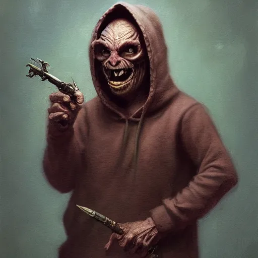 Image similar to grinning hellpunk the thieving Goblin wearing a grubby brown hoodie sweater whilst pointing a dagger at you chris cold marc simonetti ross tran greg rutkowski dan witz john currin vik muniz robert gober oil painting