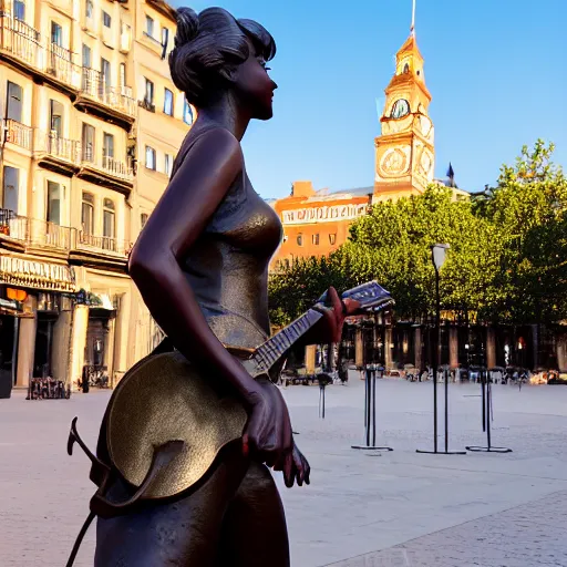 Prompt: a bronze sculpture of taylor swift in the middle of the town square with a pigeon standing on top of it, golden hour, street photography