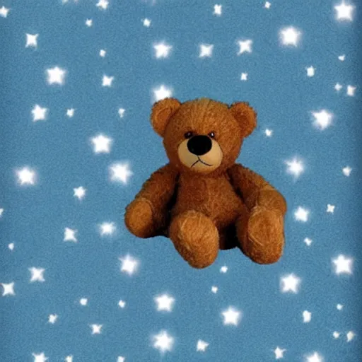 Prompt: teddybear in a bed, sky full of stars