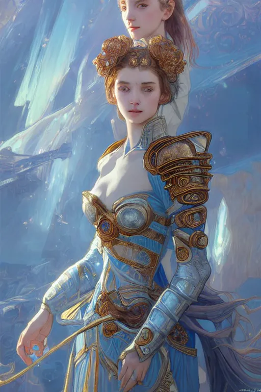 Image similar to portrait young knights of Zodiac girl, rose golden and ice blue reflected armor, in ruined Agora of Athens Sunrise, ssci-fi and fantasy, intricate and very very beautiful and elegant, highly detailed, digital painting, artstation, concept art, smooth and sharp focus, illustration, art by tian zi and WLOP and alphonse mucha