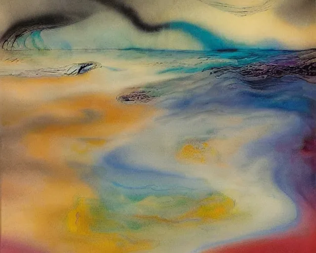 Image similar to Ocean waves in a psychedelic dream world. DMT. Curving rivers. Aya Takano. Zao Wou-ki. Yves Tanguy.