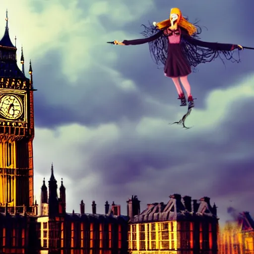 Image similar to A witch flying high in the sky using her broom stick,the Big Ben is in background, top down perspective,gloomy lighting,creepy atmosphere,digital art , highly detailed , high contrast, beautiful lighting, award winning , trending on art station, 8k, photo realistic