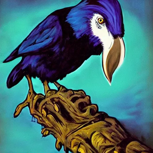 Image similar to fantasy painting of a raven by dr seuss | horror themed | creepy