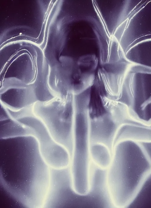 Image similar to a symmetrical female astral projection, liquid glowing aura, heavenly, motion blur, film grain, cinematic lighting, experimental film, shot on 1 6 mm