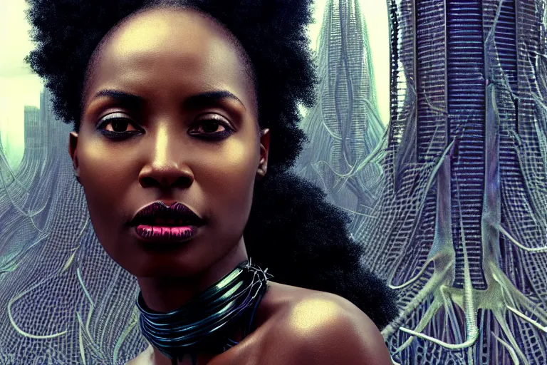 Prompt: realistic detailed closeup portrait movie shot of a beautiful black woman with a giant spider, dystopian city landscape background by denis villeneuve, amano, yves tanguy, alphonse mucha, max ernst, kehinde wiley, caravaggio, roger dean, cyber necklace, rich moody colours, sci fi patterns, wide angle