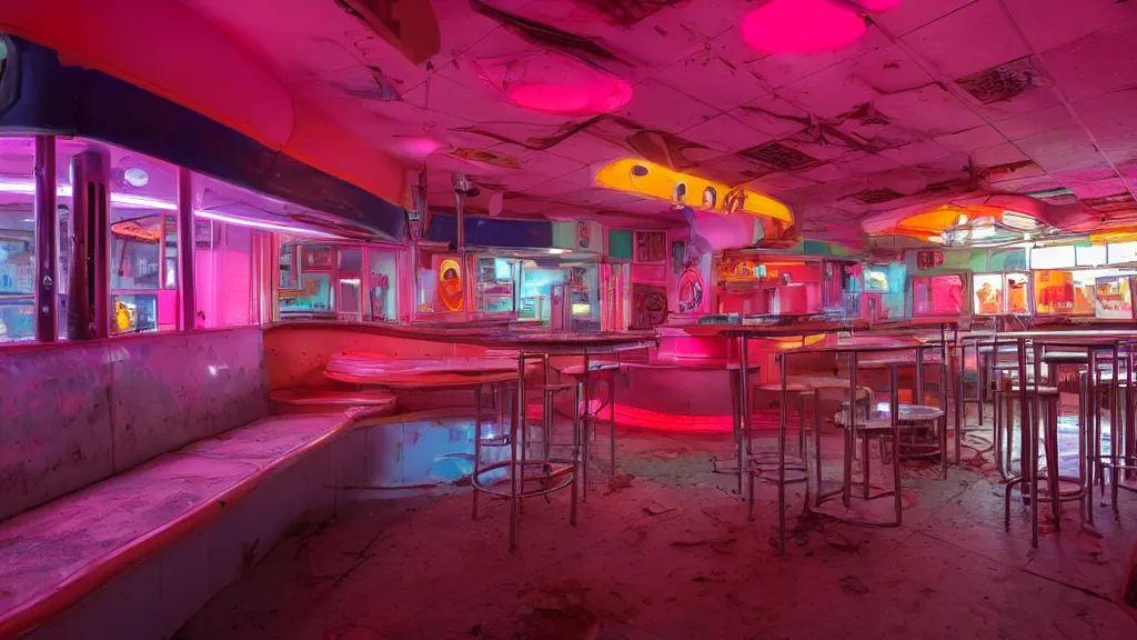 Prompt: the inside of an abandoned 5 0's diner at night, pink and orange neon lights, highly detailed interior, artstation trending, cryenging 8 k uhd