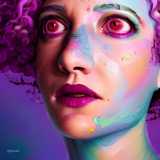 Prompt: hyperdetailed portrait of kristen schaal as delirium of the endless, colourful make up, the sandman, made by caravaggio stanley artgerm lau wlop rossdraws artstation cgsociety concept art cgsociety octane render