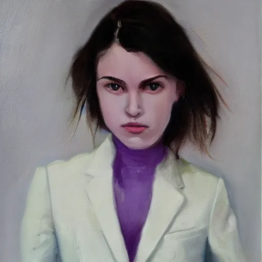 Image similar to 1 8 year old white shirt, purple blazer jacket, brunette, beautiful woman, determined, fearless, sharp looking portrait, oil painting