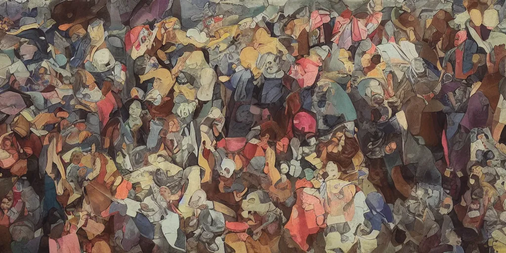 Image similar to multilayer last supper johannes itten colors gradient pattern of escher style 3 6 0 panorama with hieronymus bosch style bubbles, contrast of light and shadows, unfinished, very detailed,