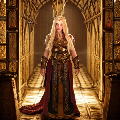 Prompt: the elder scrolls vi, charismatic regal blonde high elf female jarl, portrait, exquisitely designed throne room, atmospheric lighting, painted, intricate, volumetric lighting, beautiful, daytime, sunny weather, slight overcast, sharp focus, deep colours, ultra detailed, by leesha hannigan, ross tran, thierry doizon, kai carpenter, ignacio fernandez rios