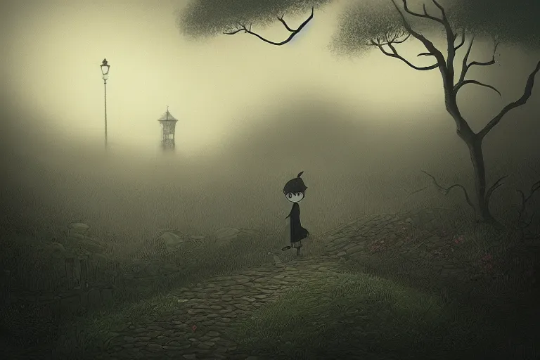 Prompt: “over the garden wall, illustration, 8k, digital masterpiece, gloomy, atmospheric fog, highly detailed”