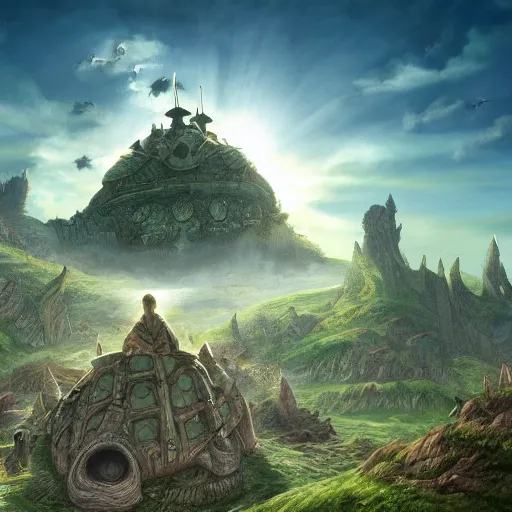 Prompt: large fantasy castle sitting on the top of a giant tortoise, stomping through a harsh wasteland with sharp rays of sunlight, howls moving castle, mortal engines, kaiju, distant - mid - shot, isometric angle, fantasy, hyper detailed, 4 k