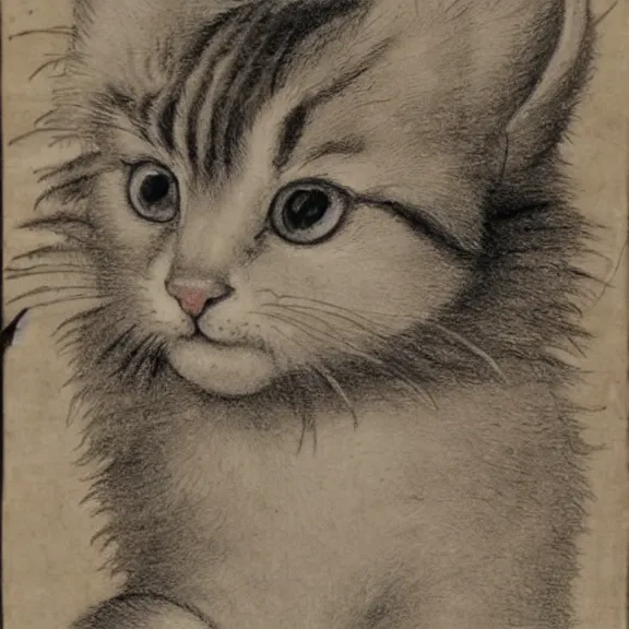 Prompt: a detailed, intricate drawing on parchment with white highlights of a cute kitten on a beach, by albrecht durer