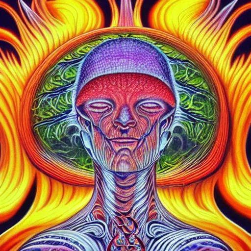 Image similar to mushroom god by Alex Grey