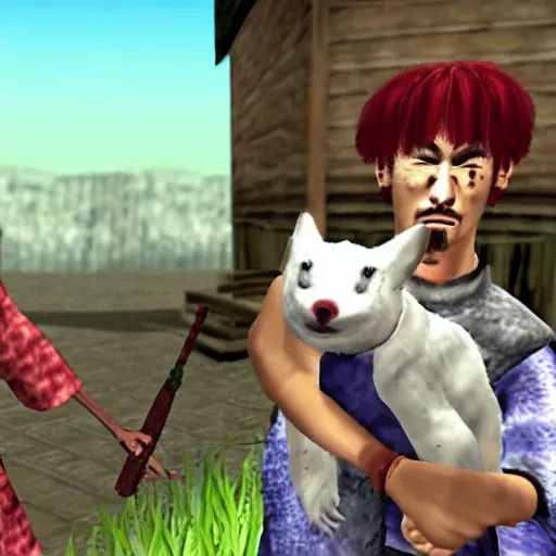 Prompt: Screenshot of the Markiplier character in the Playstation 2 game Okami. HDR, 4k, 8k, Okami being petted by Markiplier, who is looking at the camera.