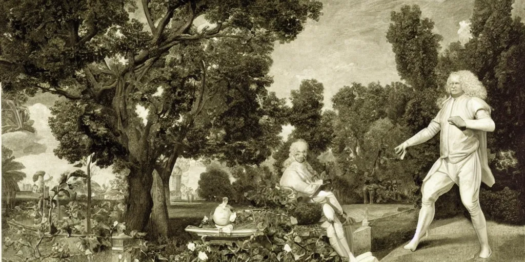 Prompt: sir isaac newton under a tree full of gardenias