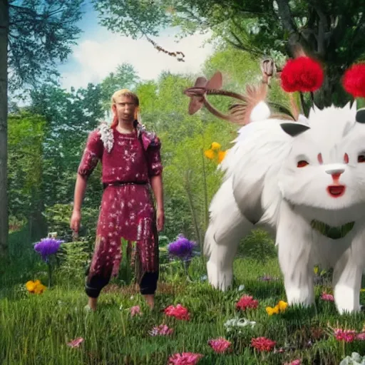 Image similar to a still from the movie midsommar crossover with the game okami