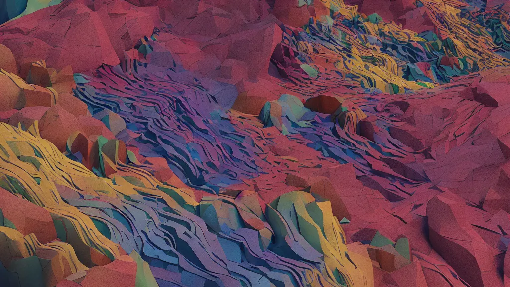 Image similar to vivid color, sedimentary schematic, architectural drawing with from layers of strata by James jean, geology, octane render in the style of Luis García Mozos