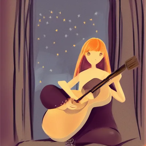 Prompt: a sketch drawing, a girl with a guitar in her hands is sitting on the bed, a view of the window, a starry sky, scattered notes by gabo mendoza, trending on artstation