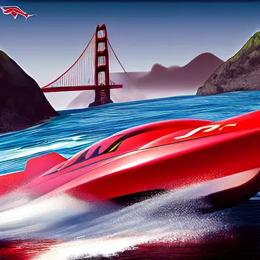 Image similar to concpet art featuring a futuristic red racing speedboat designed in the style of ferrari racing under the golden gate bridge. fine detail. surf. this 4 k hd image is trending on artstation, featured on behance, well - rendered, extra crisp, features intricate detail, epic composition and the style of unreal engine.