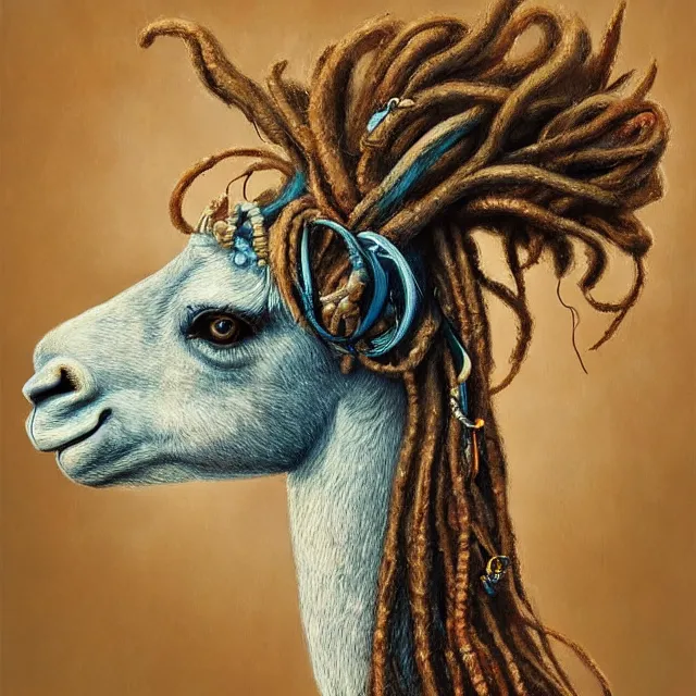 Image similar to llama with dreadlocks, by mandy jurgens, ernst haeckel, james jean. in the style of aqua