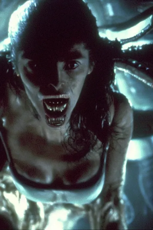 Image similar to film still of salma hayek in the movie Alien, xenomorph swallowing her, scary, cinematic shot, 4k.