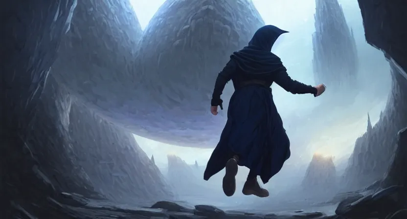 Prompt: handsome mage with stave running away from giant airship, black hair wearing square hooded gothic navy cloak, cave town, movie action still frame, ultra wide horizon, intricate, elegant, highly detailed, hyperrealism, digital painting, concept art, smooth, sharp, focus, illustration, art by artgerm, greg rutkowski, ilya kuvshinov