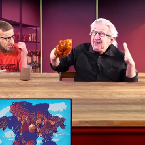 Image similar to thumbnail of hot ones with guest star Noam Chomsky