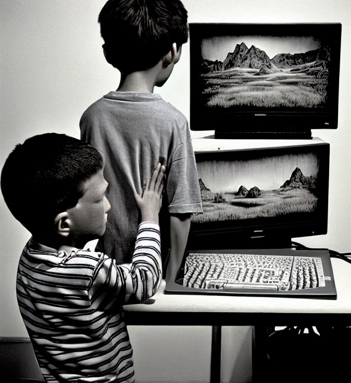 Image similar to boy looking at the PC computer from 90s by Laurie Lipton, grainy film kodak