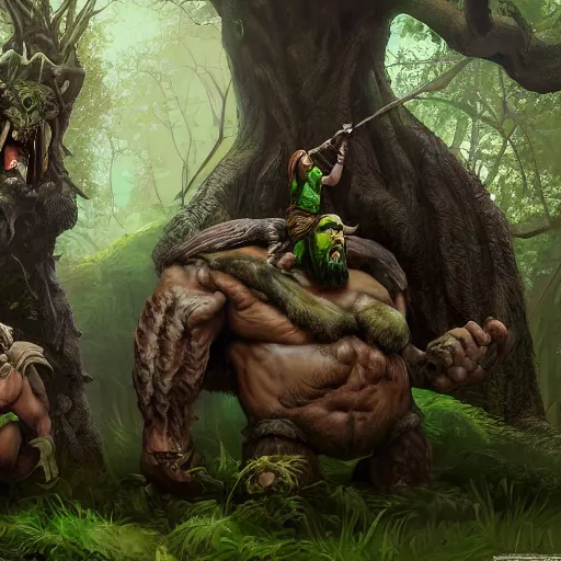 Prompt: a giant ettin with two heads from dnd in a dark forest, digital art, high quality render, artstation