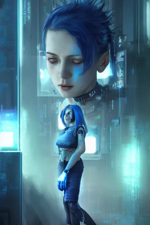 Prompt: A cyberpunk programmer girl with blue hair, depressed, works with AI, feels helpless, deep blues of AI tech office, cinematic lighting, hyper-detailed, cgsociety, 8k, high resolution, in the style of Charlie Bowater, Tom Bagshaw, Alexis Franklin, Elena Masci, Pawel Rebisz