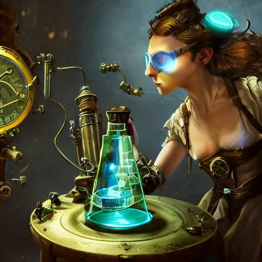 Image similar to subject = (steampunk alchemist with goggles concentrating on her latest creation), foreground = (a flask filled with glowing green liquid, specular highlights within, volumetric light, ray traced), background = (medieval alchemical workshop, filled with supplies), by ross tran, cgsociety, artstation, digital art, highly detailed, beautiful, award winnning, action action action, tilt shift, dramatic