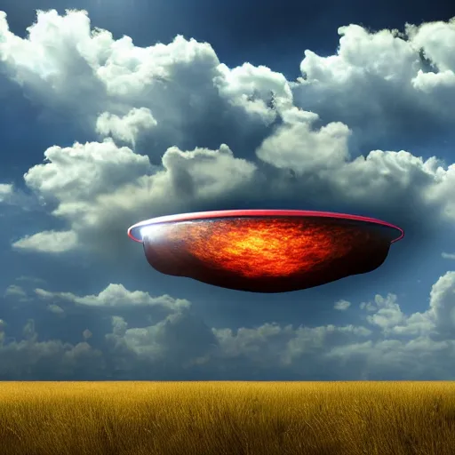 Prompt: photorealistic dramatic view of an alien mothership floating in the sky at noon