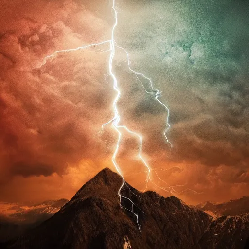 Image similar to two spinning tops clashing atop of a mountain, sparks, lightning storm, dramatic lightning, hyperrealistic digital art, 8 k, trending on artstation,