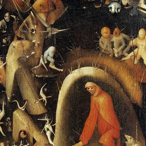 Prompt: a detailed zoom on a hieronymus bosch oil painting