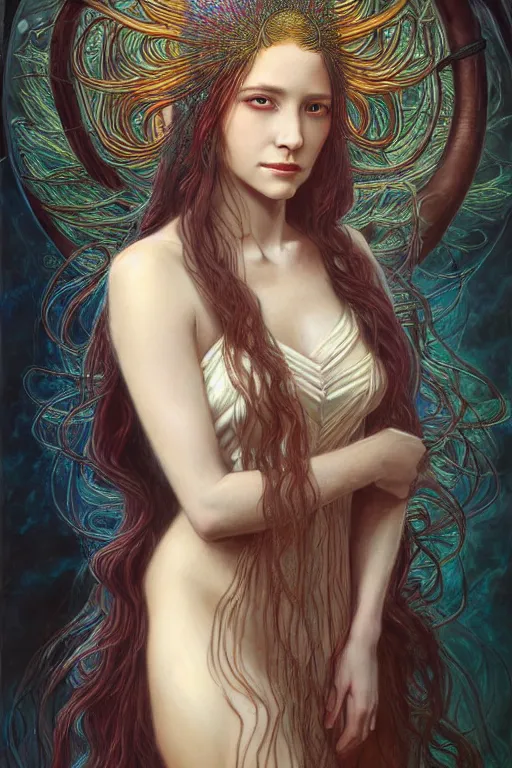 Prompt: portrait of a young female wizard in flowing sensual dress, long fine flowing hair, delicate, looking at camera, slightly smiling, realistic face, stylish, elegant, grimdark fantasy, extremely detailed painting inspired by Gerald Brom and Ernst Haeckel , studio lighting