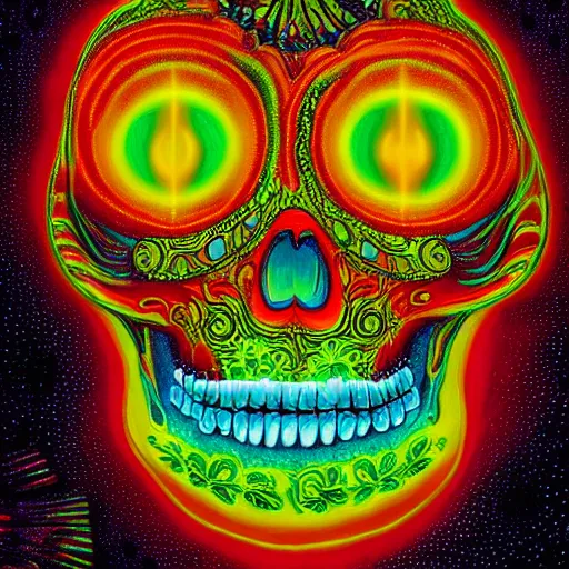 Image similar to dia de los muertos lamp in a quantum wormhole, juxtapoz, artforum, james eads