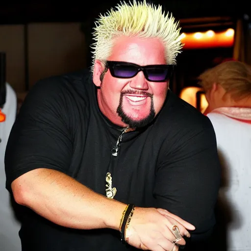 Image similar to guy fieri smiling ear to ear after smelling a fart from a big woman ’ s rear end