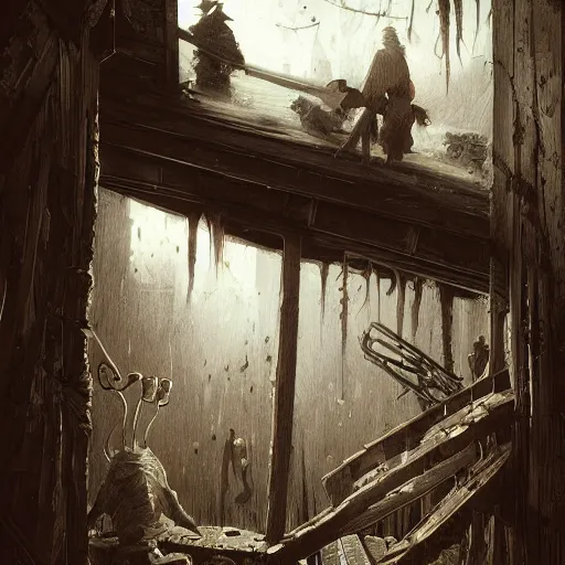 Image similar to two husbands leave each other inside broken wooden house, detailed intricate ink illustration, dark atmosphere, detailed illustration, hd, 4k, digital art, overdetailed art, concept art, by greg rutkowski, by loish, complementing colors, Trending on artstation, deviantart