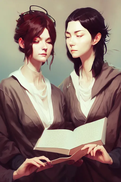 Prompt: portrait of two wise and very beautiful women scientists reviewing some texts, art by guweiz, intricate, elegant, highly detailed, smooth, sharp focus, artstation