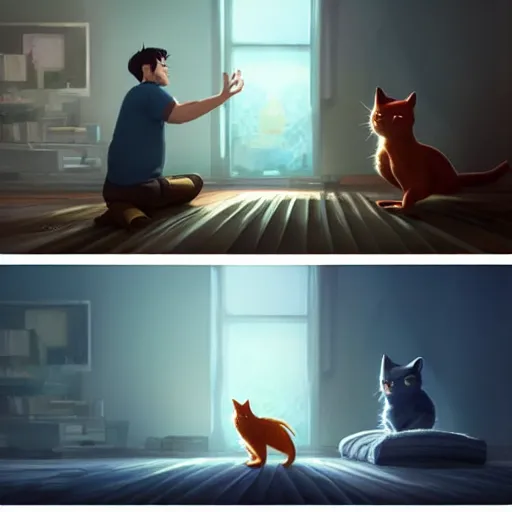 Prompt: a man plays with a cat in a room. digital art. artstation. realistic. vibrant. illustration. in the style of pixar movie. octane render. art by makoto shinkai, stanley artgerm lau, wlop, rossdraws. volumetric lighting.